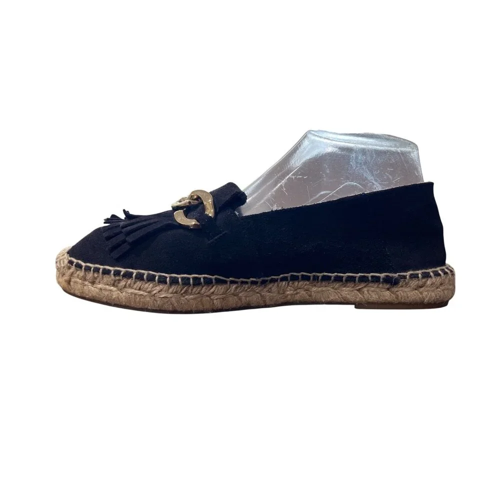 Massimo Dutti Black Suede Espadrille Loafer Gold-Chain Fringe EU 38 / US 7.5